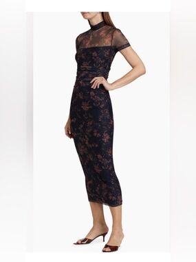 Amanda Uprichard Black Midi Dress with Brown Floral Lace